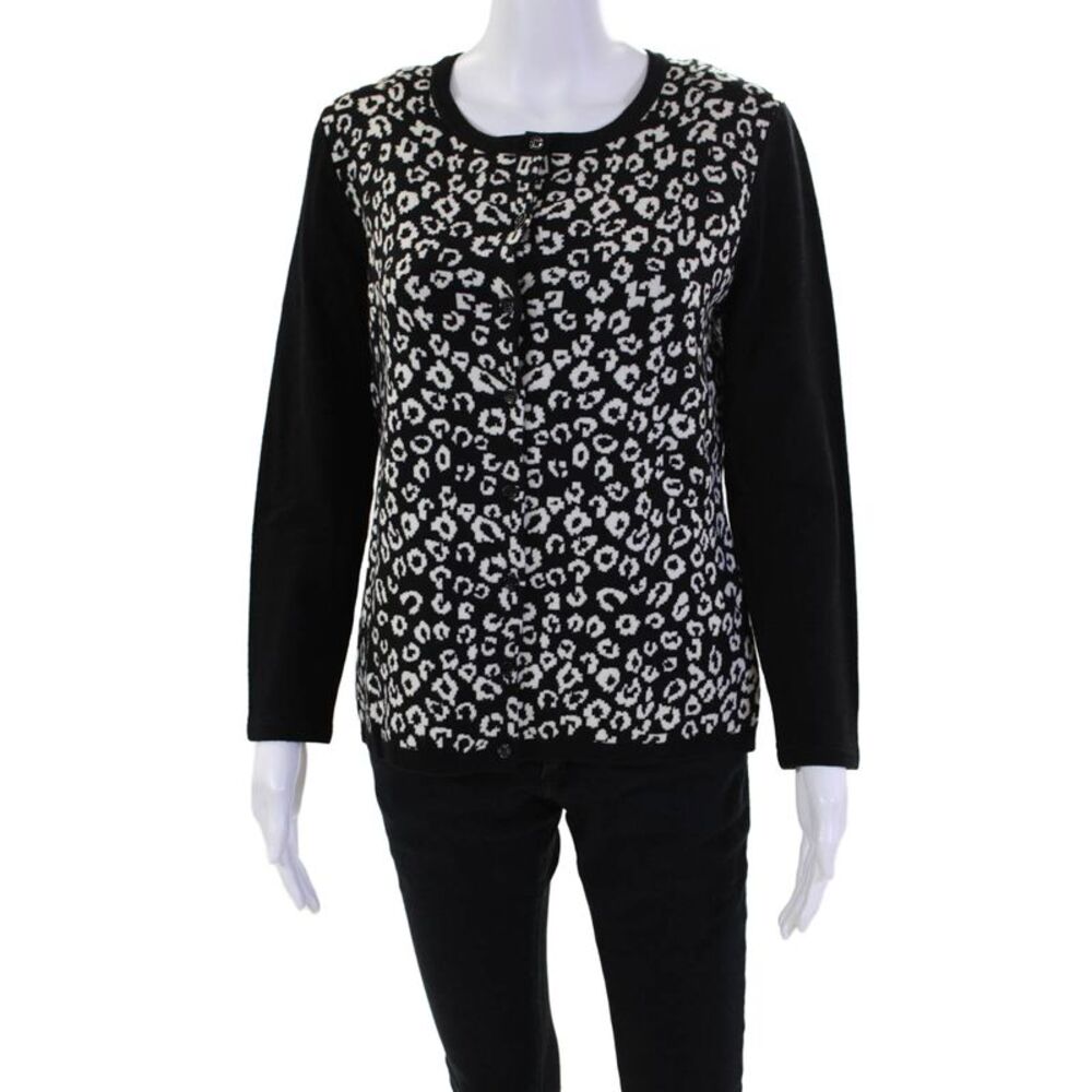 Classiques Entier Womens Wool Blend Animal Print Cardigan Sweater Black Size L